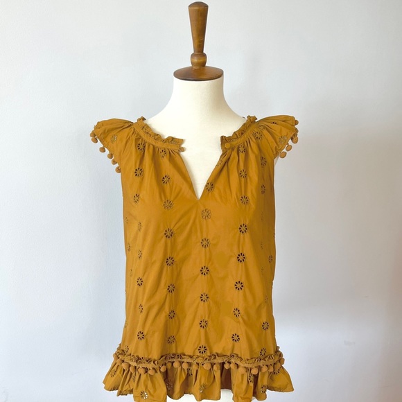 J. Crew Tops - J. Crew Mustard Eyelet Blouse with Pompoms & Ruffle - Size Small